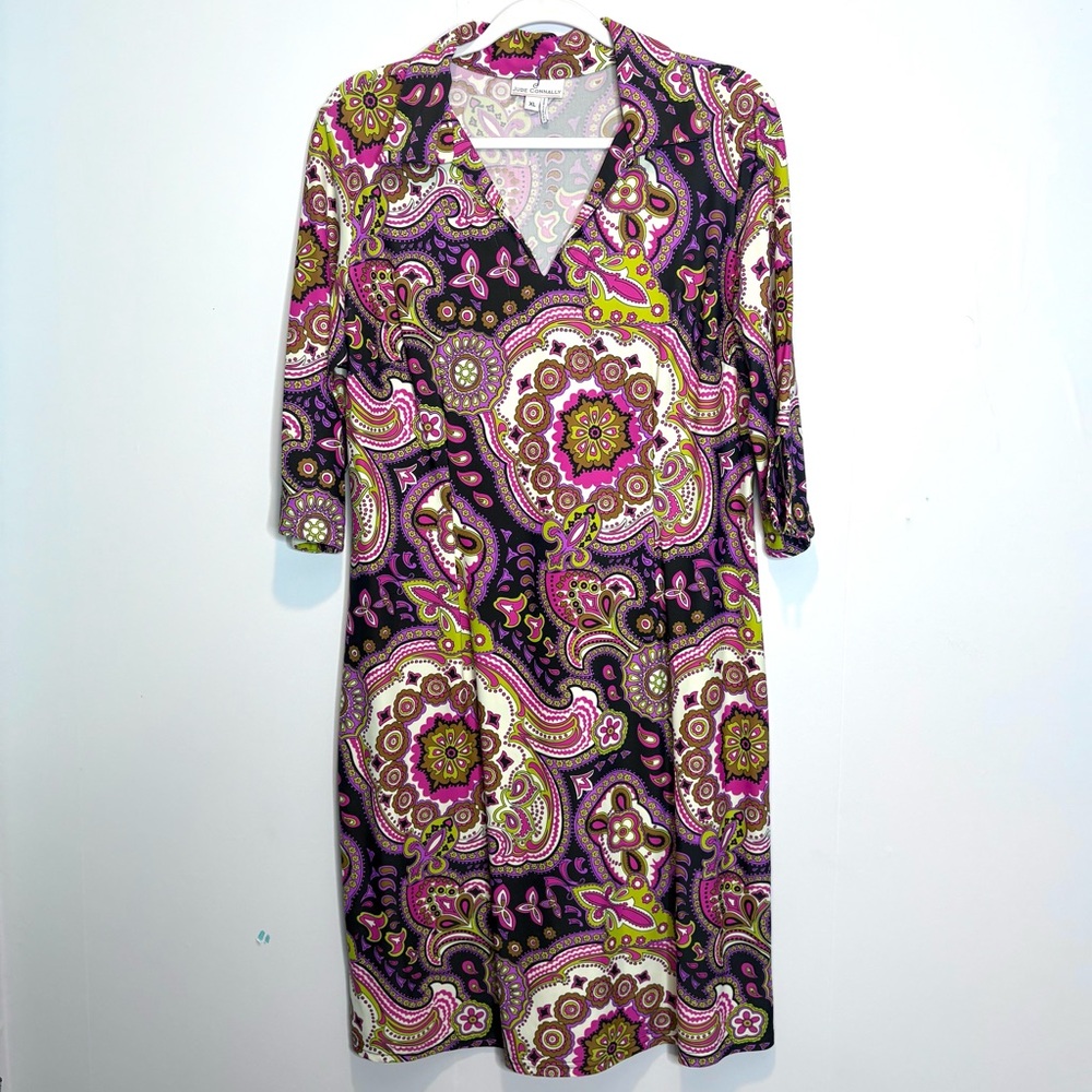 Jude Connally Paisley Fold Over Collar Dress 3/4 Length Sleeves Size XL